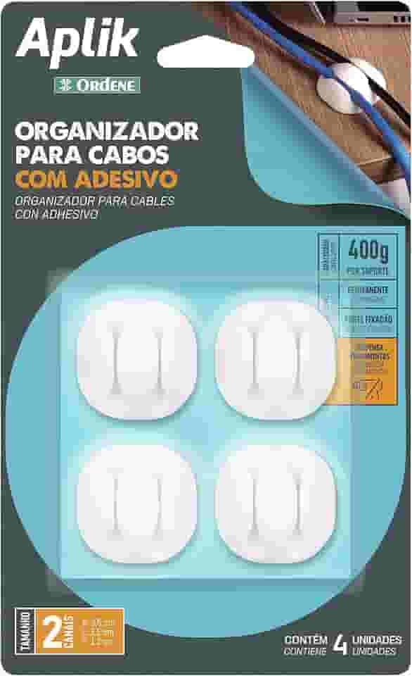 Ordene - Organizador para Cabos Emborrachado Duplo com Adesivo, Cor Branca, Linha Aplik