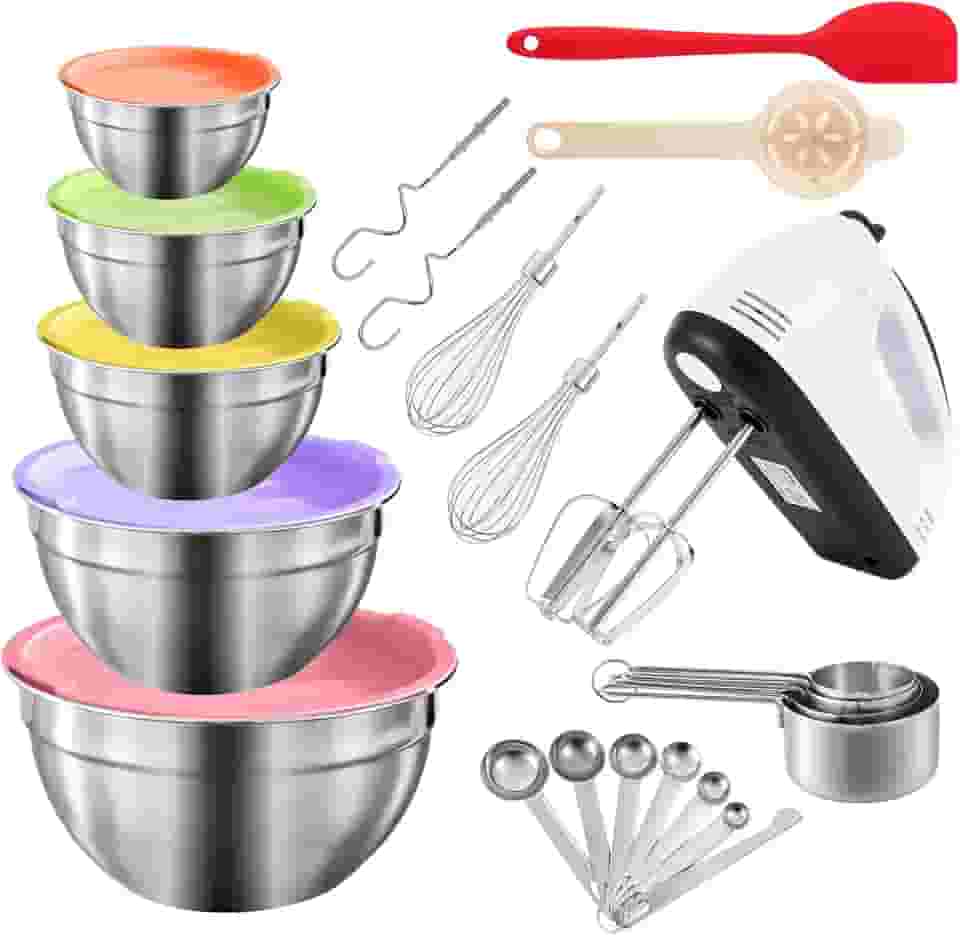 Ouvibyaz Batedeira Elétrica Manual De 7 Velocidades, Conjunto Com 5 Tigelas Grandes, Batedeiras Portáteis Batedores, Tigela Encaixe Metal Em Aço Inoxidável, Copos Medidores, Colheres, Liquidificador