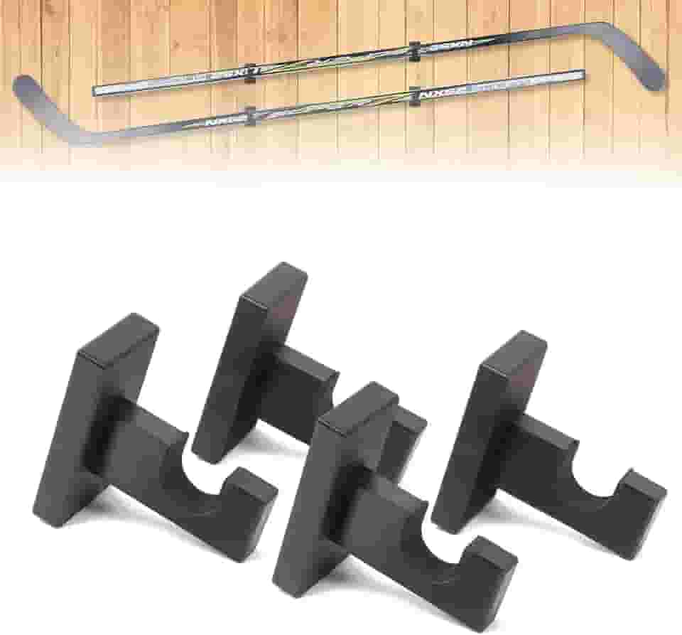 JstFrU Suporte de taco de hóquei de 4 peças, suporte de parede para taco de hóquei, cabides de taco de hóquei no gelo para exibição horizontal, comporta 2 tacos de hóquei, economia de espaço, preto
