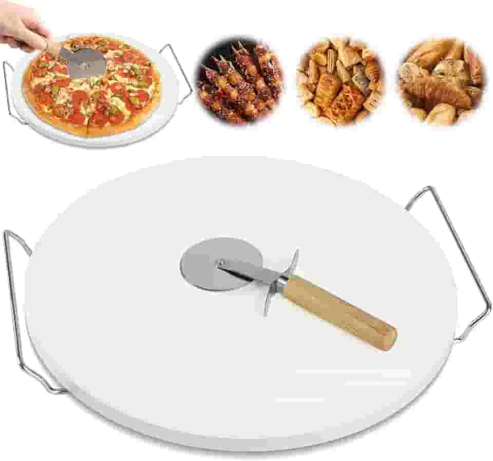 33 cm Pedra Pizza Redonda com Suporte de Aço Inoxidável e Raspador, Kit Pizza para Churrasqueira, Assadeira Pizza, Forma de Pizza para Forno e Churrasqueira, Tábua Bandeja Suporte para Pizza