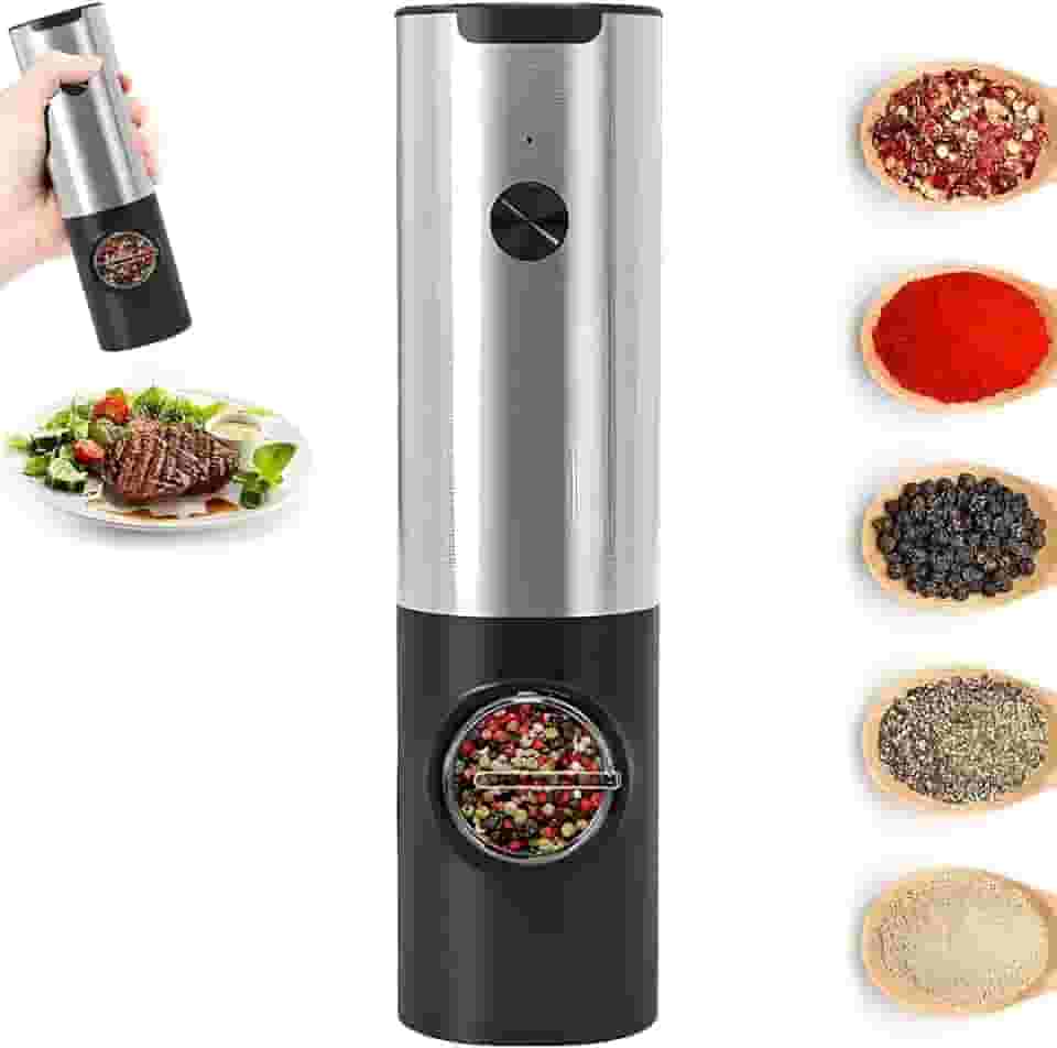 Moedor Elétrico Automático de Temperos, Sal, Pimenta e Especiarias Inox com Luz LED, Operação com Uma Mão, Ajuste de Moagem, Recipiente Transparente – Ideal para Moer Pimenta