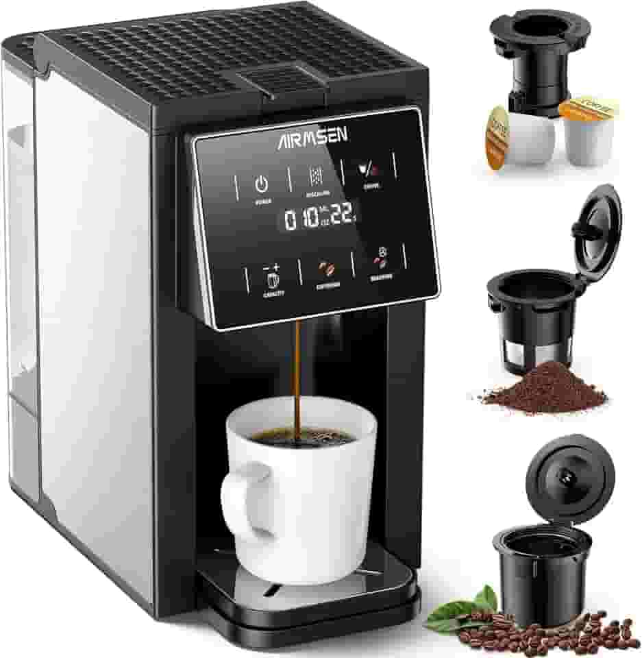 AIRMSEN Máquina de café Grind & Brew com moedor - Máquina de dose única compatível com cápsulas K-Cup & Ground, 1000W Fast 170.1-496.9 g, alerta de descalcificação, tela sensível ao toque e tanque