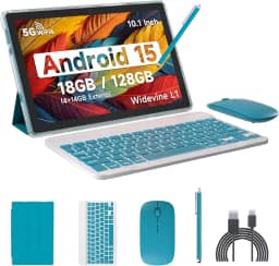 COOPERS Tablet Android 15, tablet de 10 polegadas, 18 GB de RAM + 128 GB de ROM, 2 TB expansível, processador quad-core de 2,0 GHz, WiFi 6 BT 5.0, câmeras duplas, tablets 2 em 1 com capa de teclado