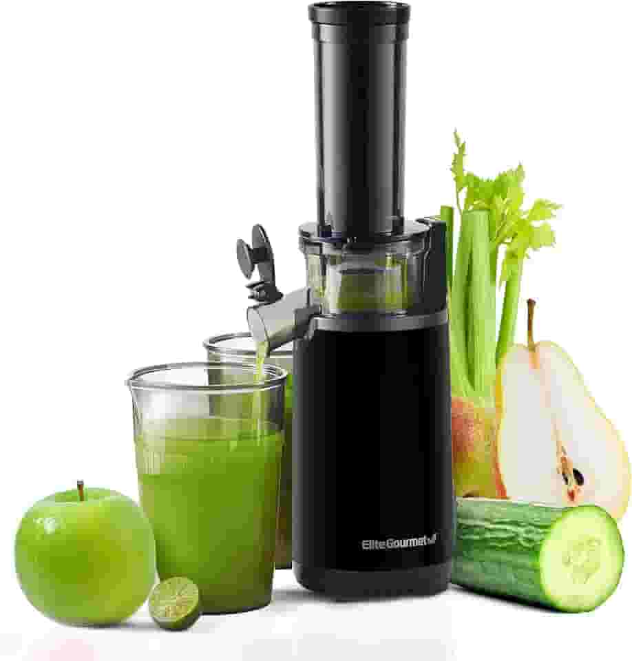 Elite Gourmet EJX600 Compacto Pequeno Espremedor de Espremedor Lento Mastigatório, Extrator de suco prensado a frio, denso em nutrientes e vitaminas, Tritan livre de BPA, fácil de limpar, copo de suco