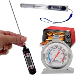 Kit Termômetros Culinários Espeto Agulha Digital + Forno Analógico Aço Inox 300° Líquidos e Sólidos