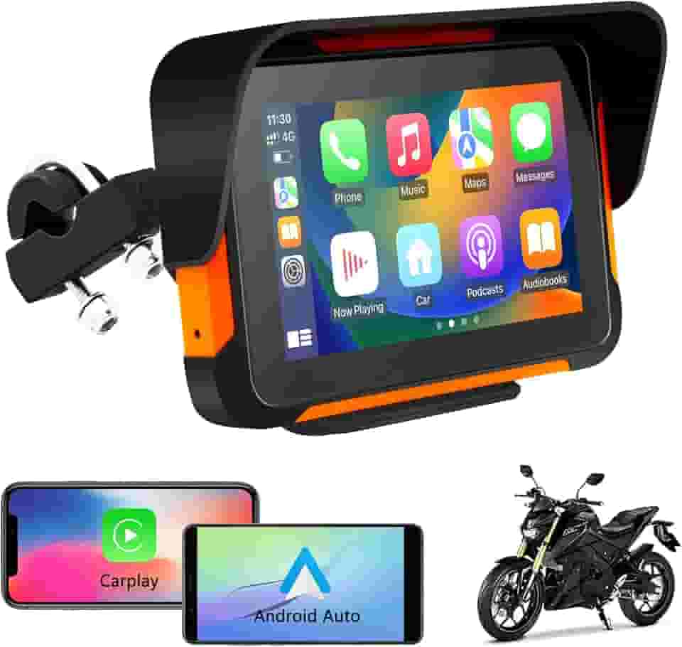 Estéreo de Carro para Motocicleta, Universal, Sem Fio, CarPlay e Android Auto, GPS Navigation, Dual Bluetooth, Tela Sensível ao Toque IPS de 12 cm, À Prova D'água e Poeira