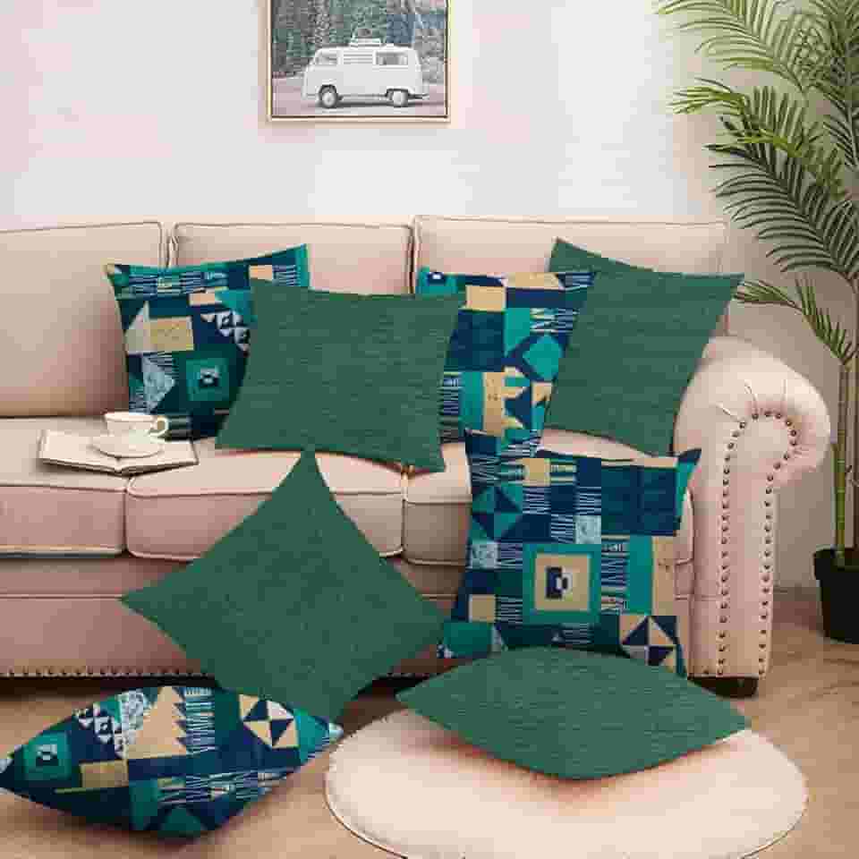 Kit com 8 Capas para almofadas 4 Geométrico Azul com 4 Verde com Zíper, em Tecido Gorgurinho-AL