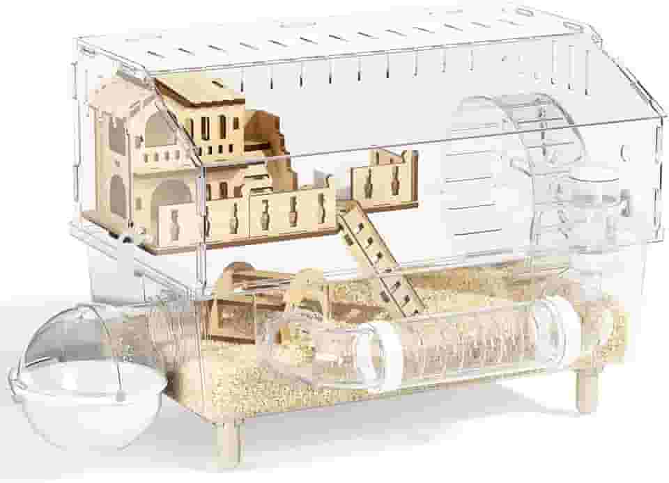 Gaiola acrílica para hamster 9 em 1, gaiola de hamster anão transparente com visão de 360°, gaiolas de hamster sírio de 2 camadas com todos os acessórios, bandeja de fácil limpeza e design ventilado