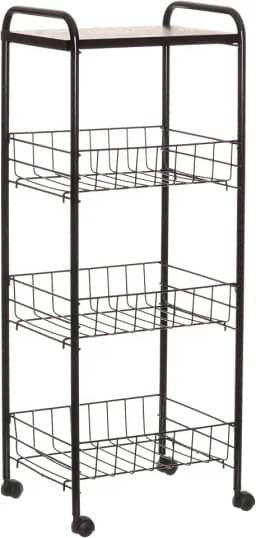 Fruteira de Chão 3 Cestos com Tampo de Madeira e Rodas, Cor Preto, Metaltru