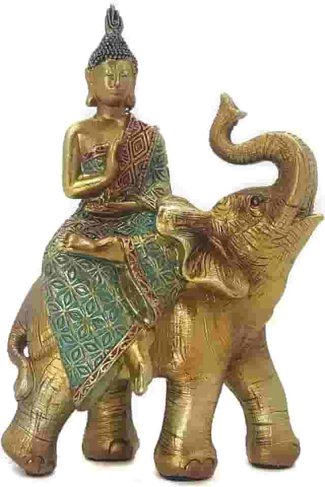 Buda Decorativo Sobre o Elefante Em Resina Sabedoria hindu meditação fortuna Reflexão zen monge - B169 (Buda 169B)