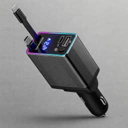 Carregador Premium De Carro Retrátil 4 Em 1 Com Cabo Tipo C E Iphone, USB Duplo, 120W, Tela De Voltagem E Carregamento Rápido Marca VARENZIA