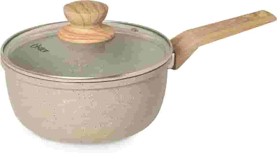 OSTER Panela Antiaderente 3L com Tampa Marble Edition - Construção em Alumínio e Revestimento Duplo de Cerâmica, Alças Revestidas em Silicone com Design de Madeira - Cinza Dust