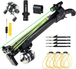 Catch&Hunt Estilingue de pesca, catapulta profissional de tiro de alongamento com roda de pesca de metal, dardo de peixe e faixa de borracha