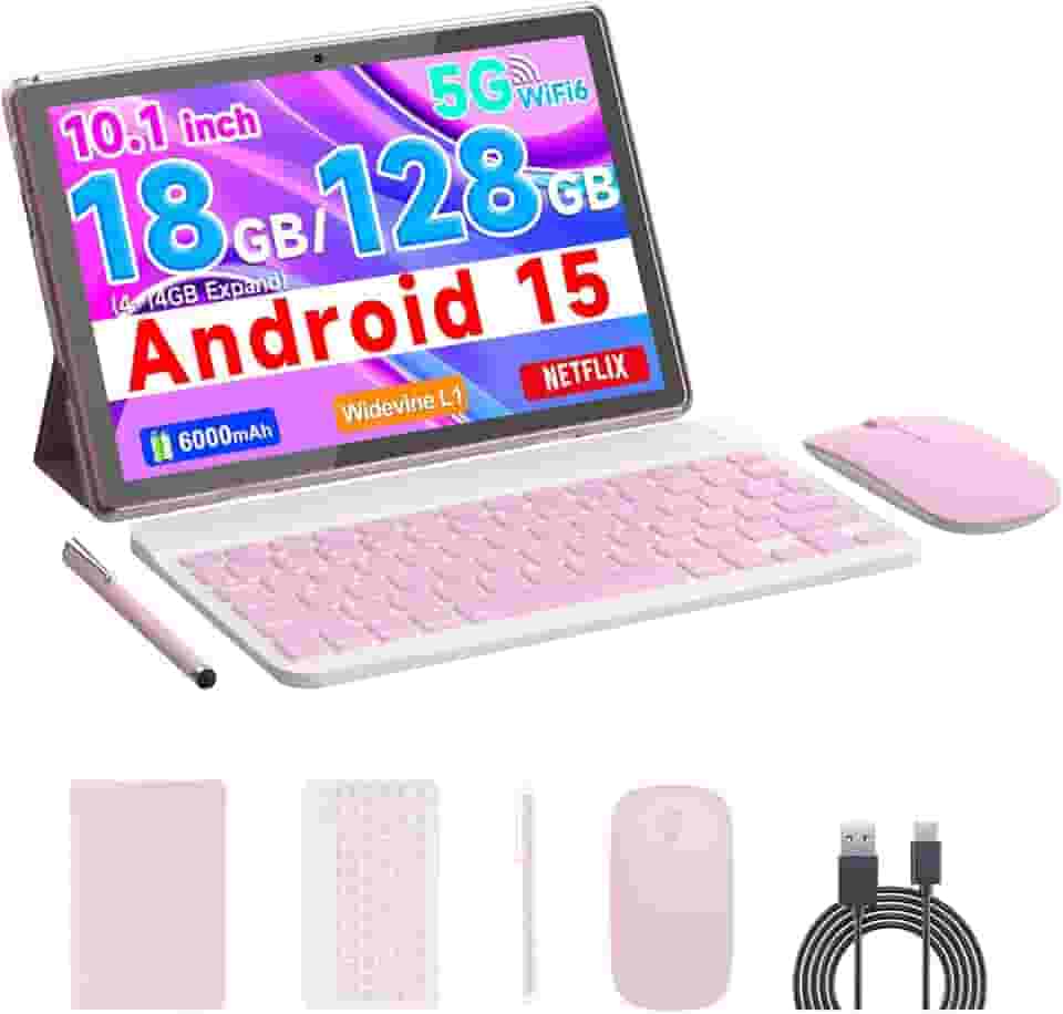 COOPERS Tablet Android 15, tablet de 10 polegadas, 18 GB de RAM + 128 GB de ROM, 2 TB expansível, processador quad-core de 2,0 GHz, WiFi 6 BT 5.0, câmeras duplas, tablets 2 em 1 com capa de teclado