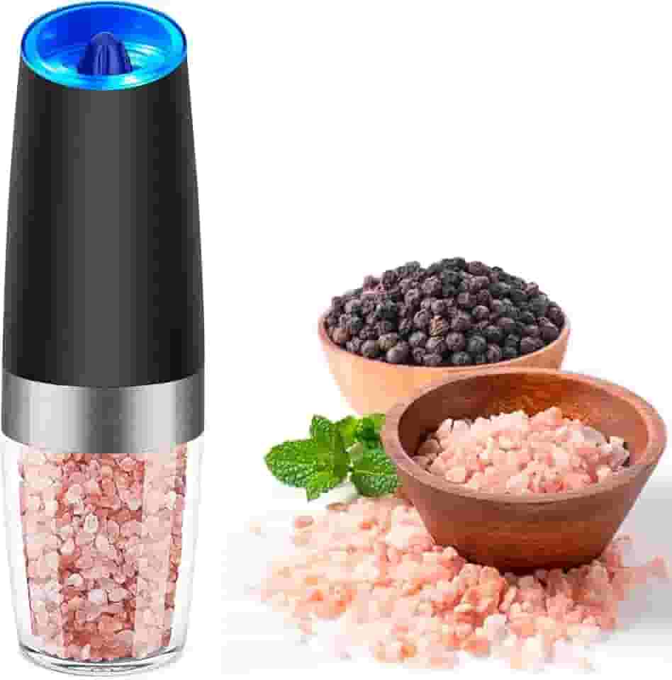 Moedor elétrico de pimenta e sal por gravidade, saleiro e pimenteiro alimentado por bateria, moedor de pimenta automático com luz LED, grossura ajustável, operação com uma mão