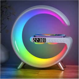 SallyLey Luminária de mesa LED inteligente, carregador sem fio 4 em 1, luz noturna, despertador e alto-falante Bluetooth com controle de aplicativo para quarto, escritório e decoração de casa (branco)