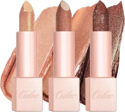 Oulac Conjunto de 3 peças de batom Moisture Nude Brown – Acabamento Infinity de alto brilho, batom vegano hidratante infundido com óleo de rosa damasco para conforto o dia todo, sem glúten, PG13+PG06+