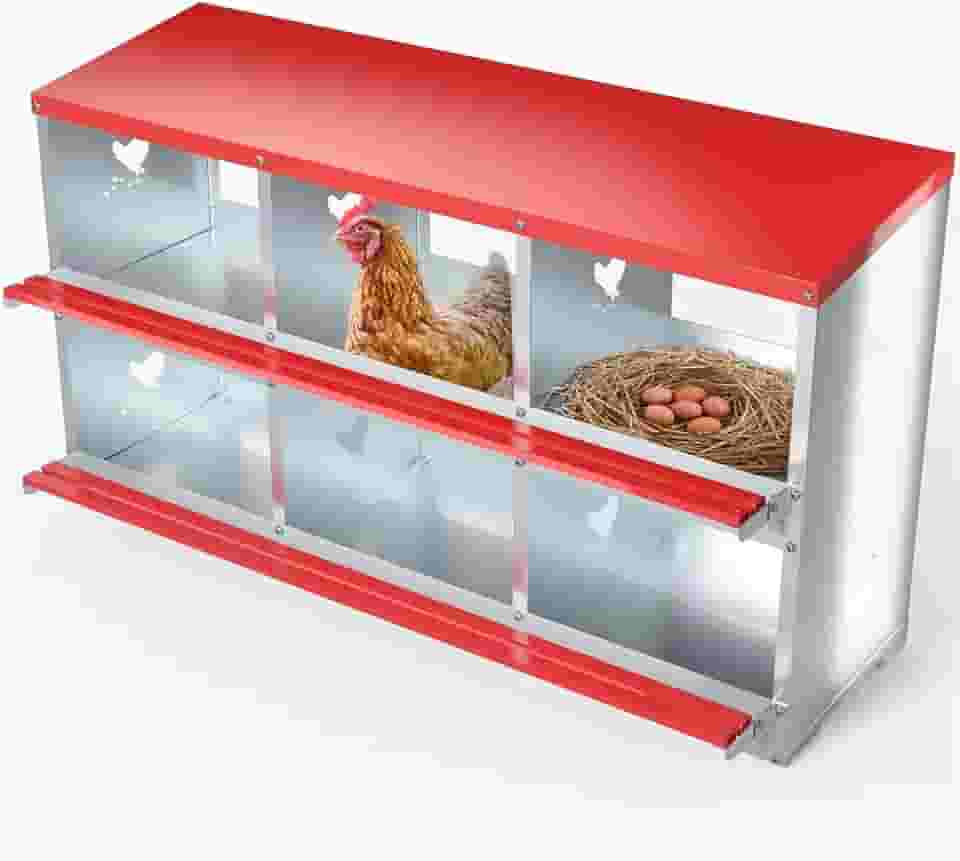 HOSTIC Caixas de assentamento de galinhas vermelhas com 6 compartimentos de metal para galinhas, galinhas, patos, coleção fácil de ovos, caixa de ninho de montagem na parede para galinheiro