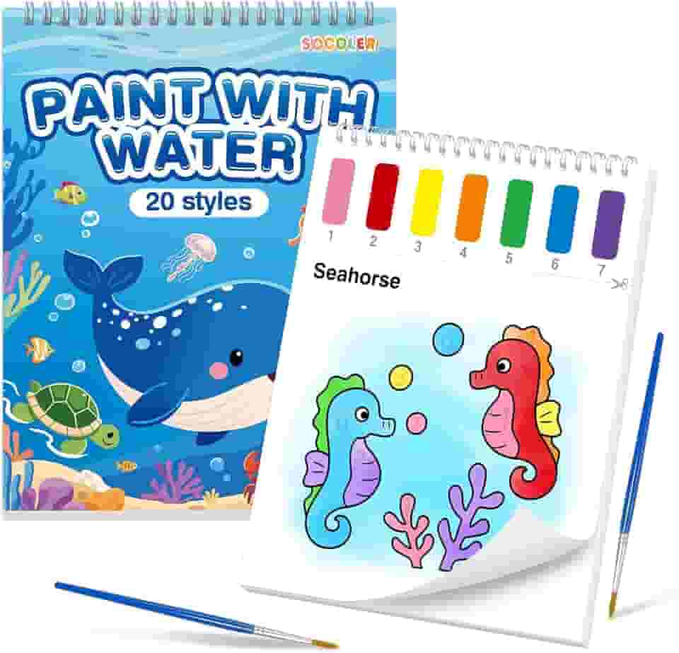 SOCOLER Livros de colorir com água para crianças, com tema do mundo do mar, papéis de pintura em aquarela sem bagunça para crianças, kit de pintura de tinta de aquarela, presente artístico para
