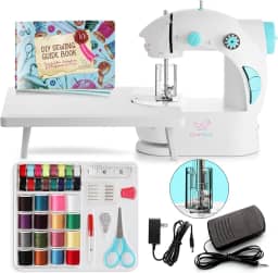CraftBud Mini máquina de costura para iniciantes com kit de costura, máquina de costura portátil de 48 peças, kit de máquina de costura pequena para viagem, máquina de costura infantil com idades de 8 a 12 anos com livro de costura DIY e mais