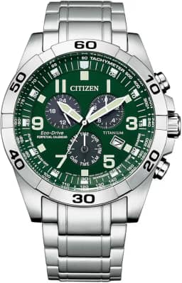 Relógio masculino Eco-Drive Sport casual Brycen cronógrafo, Super Titanium™, calendário perpétuo, taquímetro 12/24 horas, alarme, data, Pulseira/mostrador verde, Cronógrafo esportivo de luxo