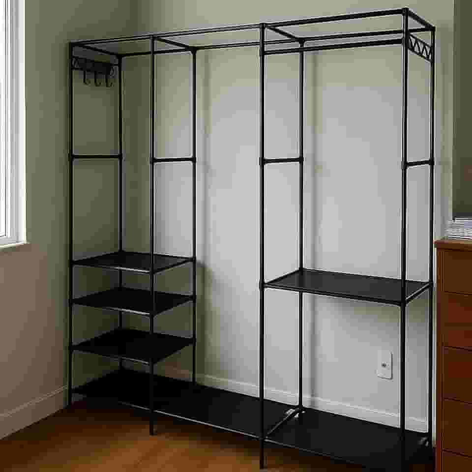 Arara de Roupas Tripla Cabideiro Metálico Ajustável – Closet Aramado p/Quarto, Sapateira + Prateleira, Guarda-Roupa Casal Grande Cor Preta, Montagem Fácil