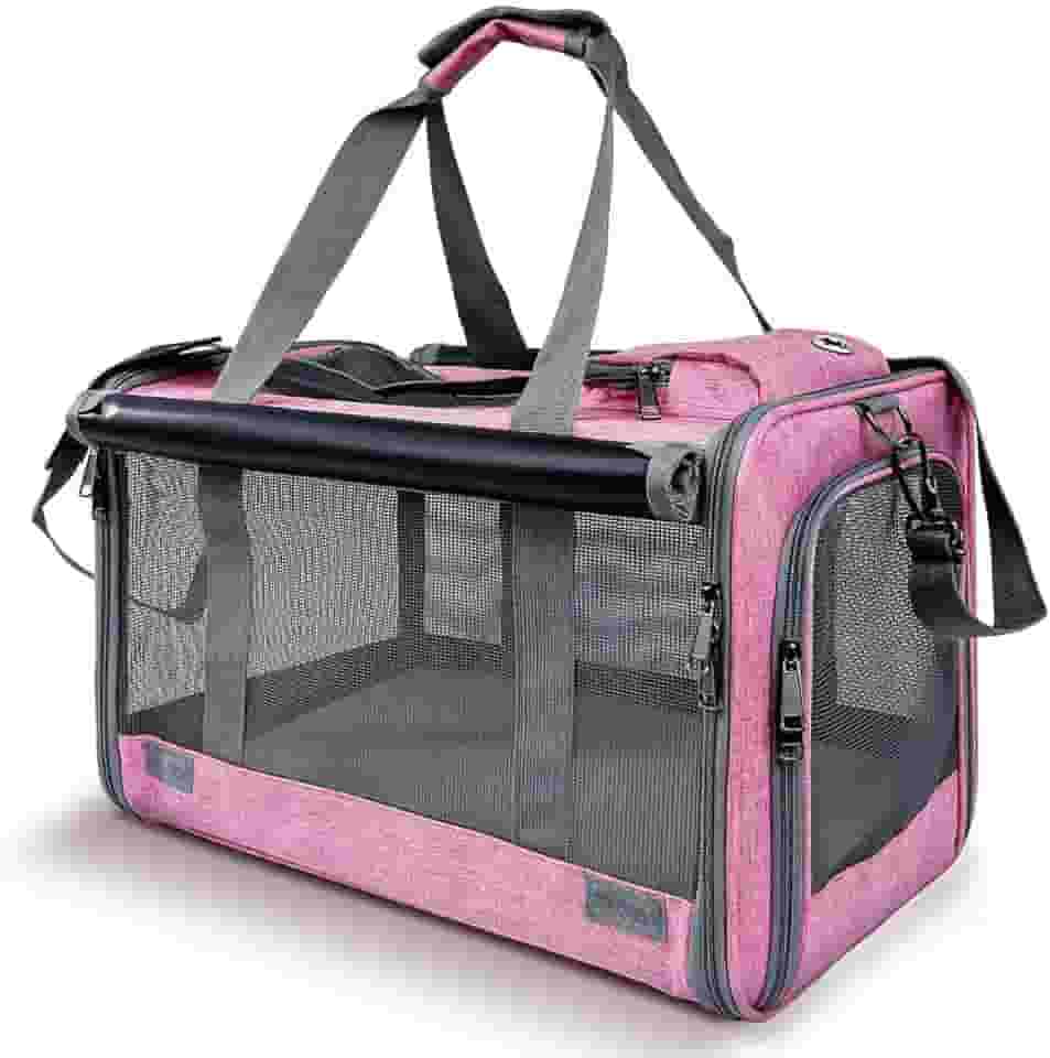 Bolsa Transporte Pet para Avião Cabine Viagem Ventilação Cães e Gatos Reforçada até 9kg Tela Arejada Alça e Tapete Removível (Rosa)