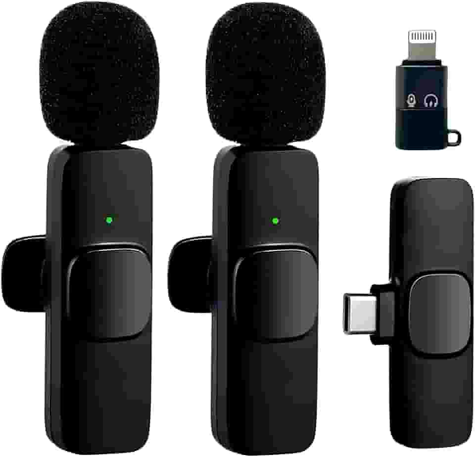 Microfone de Lapela Sem Fio Premium para Celular e PC com 2 Unidades – Bluetooth, Redução de Ruído, Compatível com iPhone, Android USB-C, Câmera DSLR, YouTube, Entrevistas, Vídeos