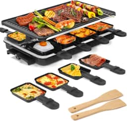 Grelha elétrica interna 2 em 1 + 8 formas de queijo raclette e 2 espátulas de madeira, controle de temperatura ajustável, churrasqueira antiaderente, para família e festa