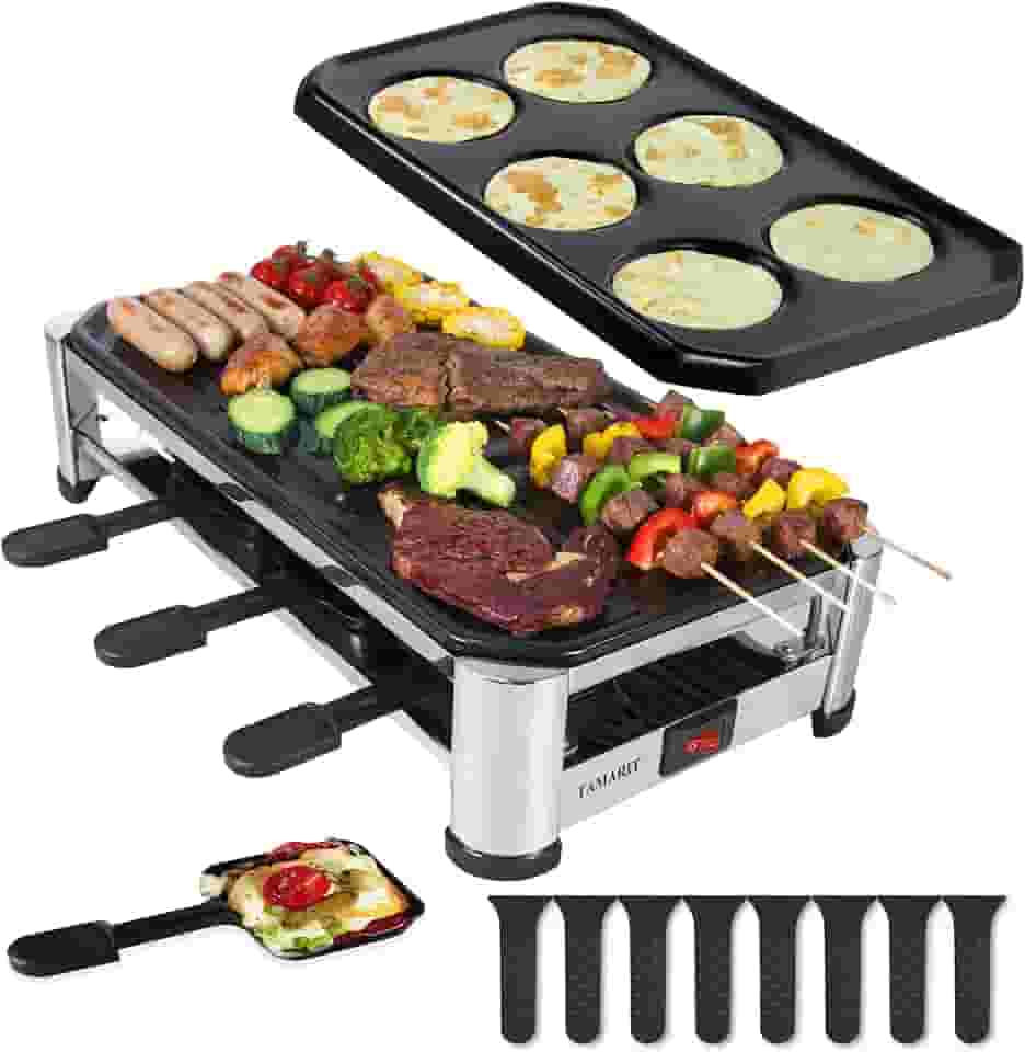 TAMARIT Grelha Raclette para 8 pessoas, churrasqueira elétrica de festa com grelha antiaderente e placas de crepe, 8 formas e espátulas, 1500 W (interior), aço inoxidável