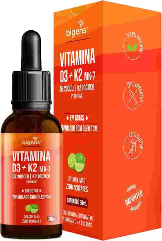 Vitamina D3 + K2 MK-7, em Gotas, D3 2000UI | K2 100mcg, sabor limão, 20ml, Biogens