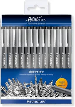 STAEDTLER Caneta Nankin Pigment Liner 12 Unidades Preto - 308-9 TB12 - Pontas Variadas: 0.05, 0.1, 0.2, 0.3, 0.4, 0.5, 0.6, 0.7, 0.8, 1.0, 1.2 e 0.3-2.0mm - Fineliner Permanente com Tinta Pigmentada
