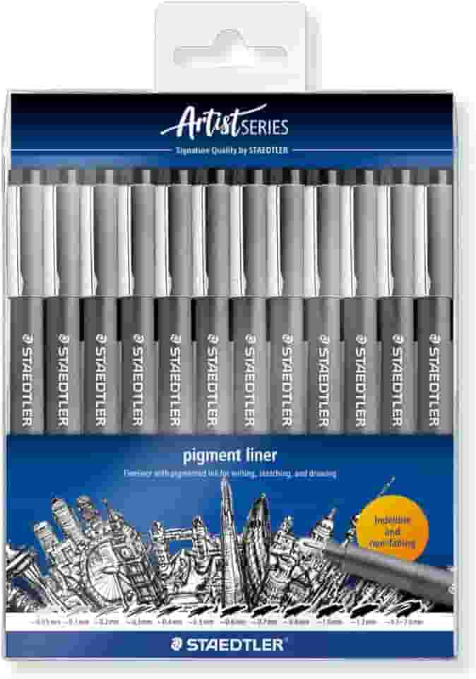 STAEDTLER Caneta Nankin Pigment Liner 12 Unidades Preto - 308-9 TB12 - Pontas Variadas: 0.05, 0.1, 0.2, 0.3, 0.4, 0.5, 0.6, 0.7, 0.8, 1.0, 1.2 e 0.3-2.0mm - Fineliner Permanente com Tinta Pigmentada