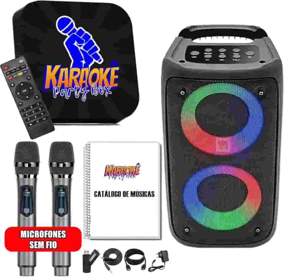 Karaoke Party Box Profissional Preto +2 Microfones Sem Fio +Caixa De Som +2000 Músicas +Catálogo (Sistema Com Pontuação)