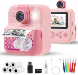 Câmera Infantil, Impressora Instantânea de Sem Tinta, Lente Pode Ser Virada, Selfie, com Flash, 32GB Cartão, Vídeo HD, Brinquedos Meninas Meninos com Crianças de 3 a 14 Anos (Rosa)