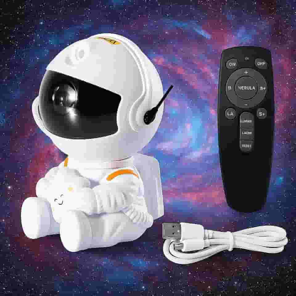Projetor Galáxia Astronauta Infantil Estrelas Teto LED Luz Noturna Quarto Aurora Colorida Criativo USB Presente Criança Controle Remoto Luminária Decorativa Relaxante Estrelado Moderno