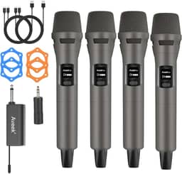 Aveek Sistema de microfone sem fio de 2,4 GHz, 4 microfones e receptor recarregáveis, Plug & Play para máquina de karaokê, alto-falantes de festa, entretenimento doméstico, casamento e eventos - som