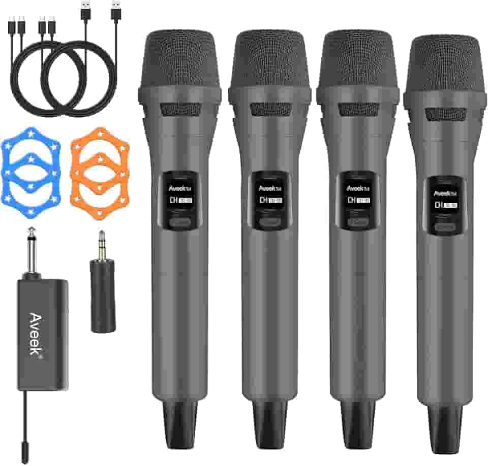 Aveek Sistema de microfone sem fio de 2,4 GHz, 4 microfones e receptor recarregáveis, Plug & Play para máquina de karaokê, alto-falantes de festa, entretenimento doméstico, casamento e eventos - som