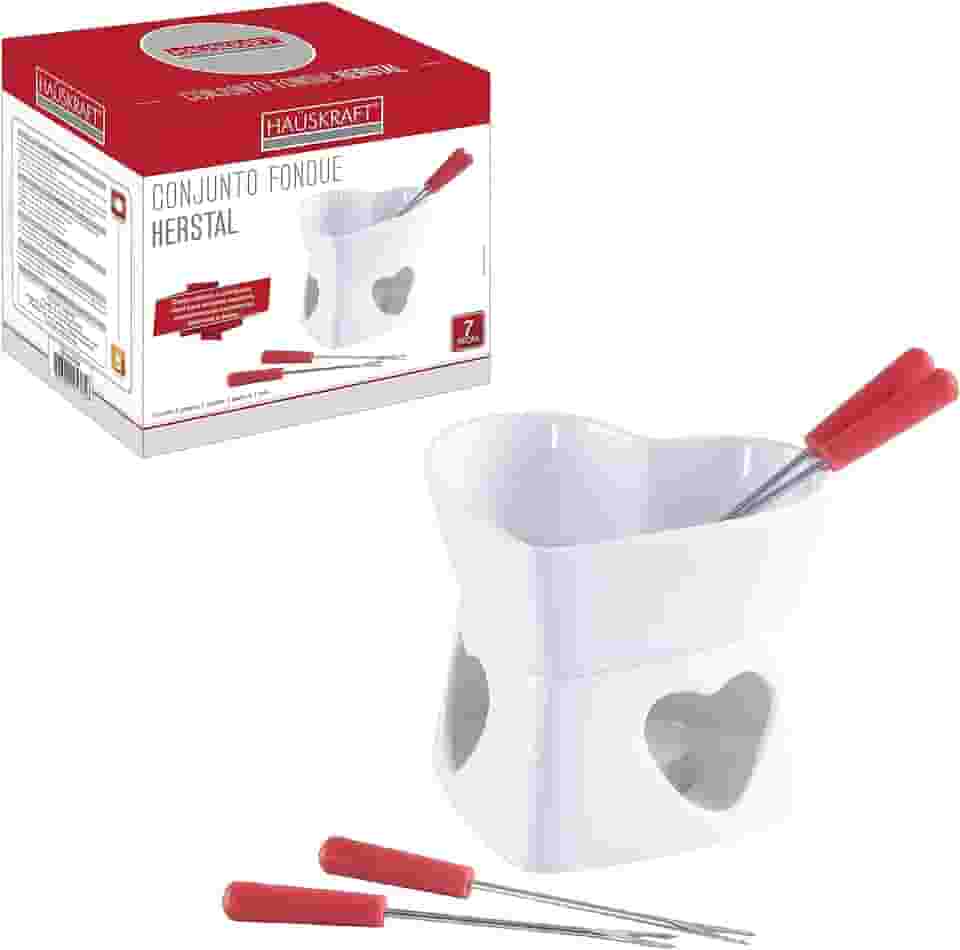 Conjunto Fondue Coração 7 Pçs Branco Herstal Carne Chocolate