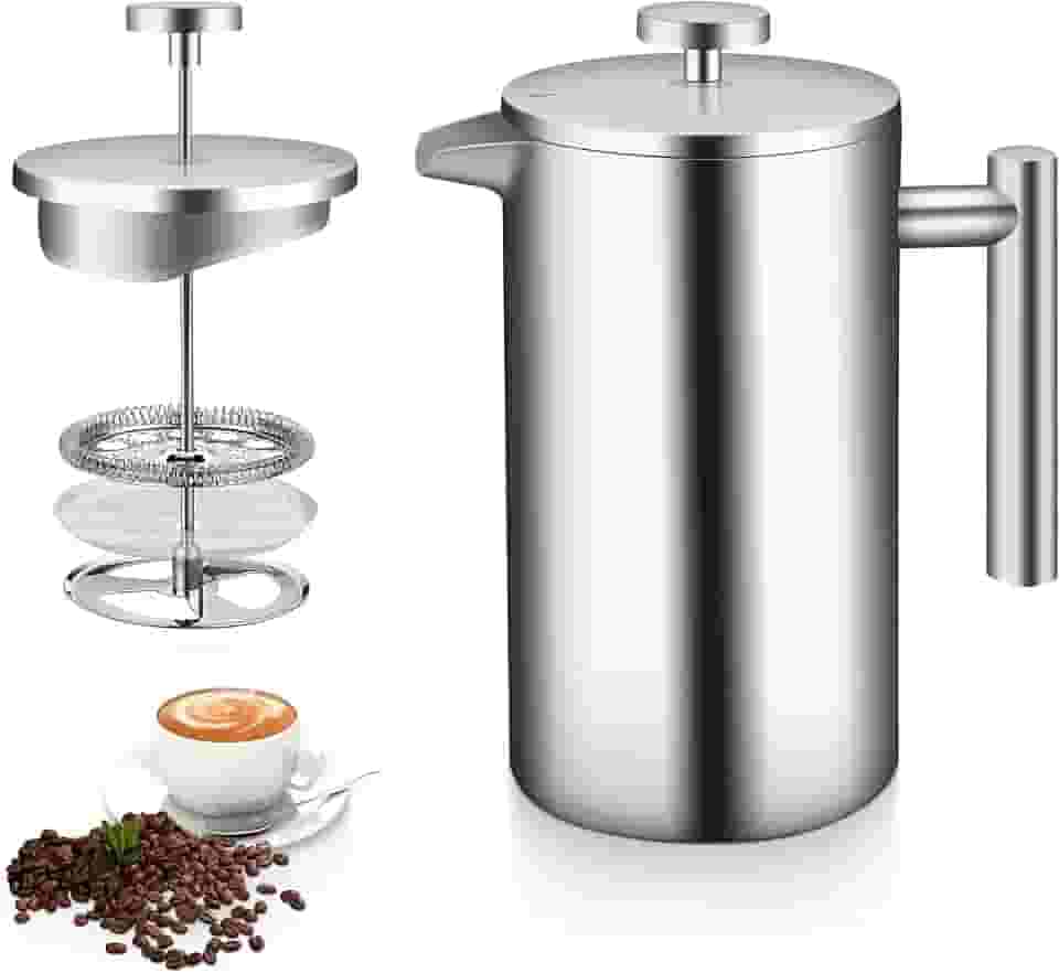 Cafeteira De Prensa Francesa De Aço Inoxidável 304, Cafeteira De Prensa Francesa De 1000ML Com Filtro De 3 Camadas, Prata