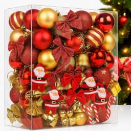Kit Enfeites de Natal 137 Peças com Bolas Douradas, Vermelhas e Prata + Laços, Bengalas, Caixinhas, Papai Noel, Estrela Ponteira e Pisca LED Colorido - Enfeite Arvore de Natal