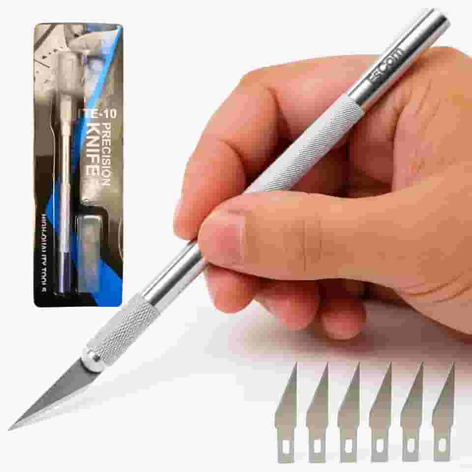 Estilete de Precisão Profissional TE-10, 145mm, Cabo em Alumínio Texturizado, Kit com 5 Lâminas para Artesanato e Modelismo, Entrega Imediata