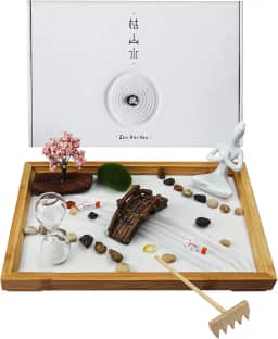 Melonva Jardim Zen Japonês para Mesa - Life Flows 30,5 cm x 20,3 cm Desktop Mini Jardim Zen com Areia Branca Árvore Artificial Rochas Ancinhos e Acessórios - Presentes Zen Meditação Bandeja de Areia