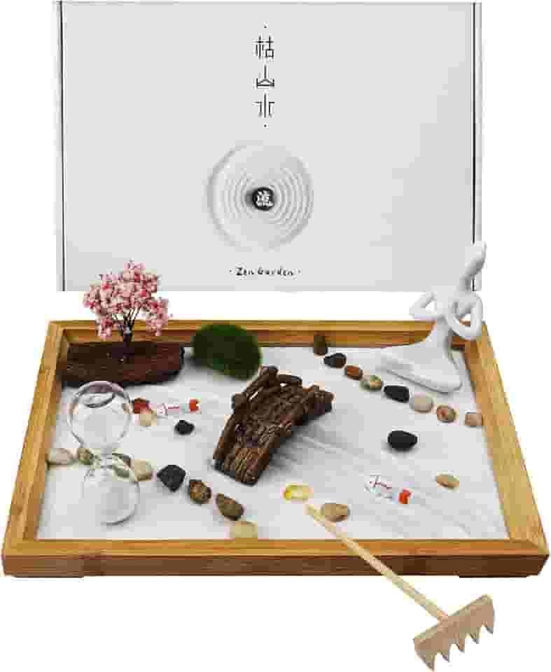 Melonva Jardim Zen Japonês para Mesa - Life Flows 30,5 cm x 20,3 cm Desktop Mini Jardim Zen com Areia Branca Árvore Artificial Rochas Ancinhos e Acessórios - Presentes Zen Meditação Bandeja de Areia