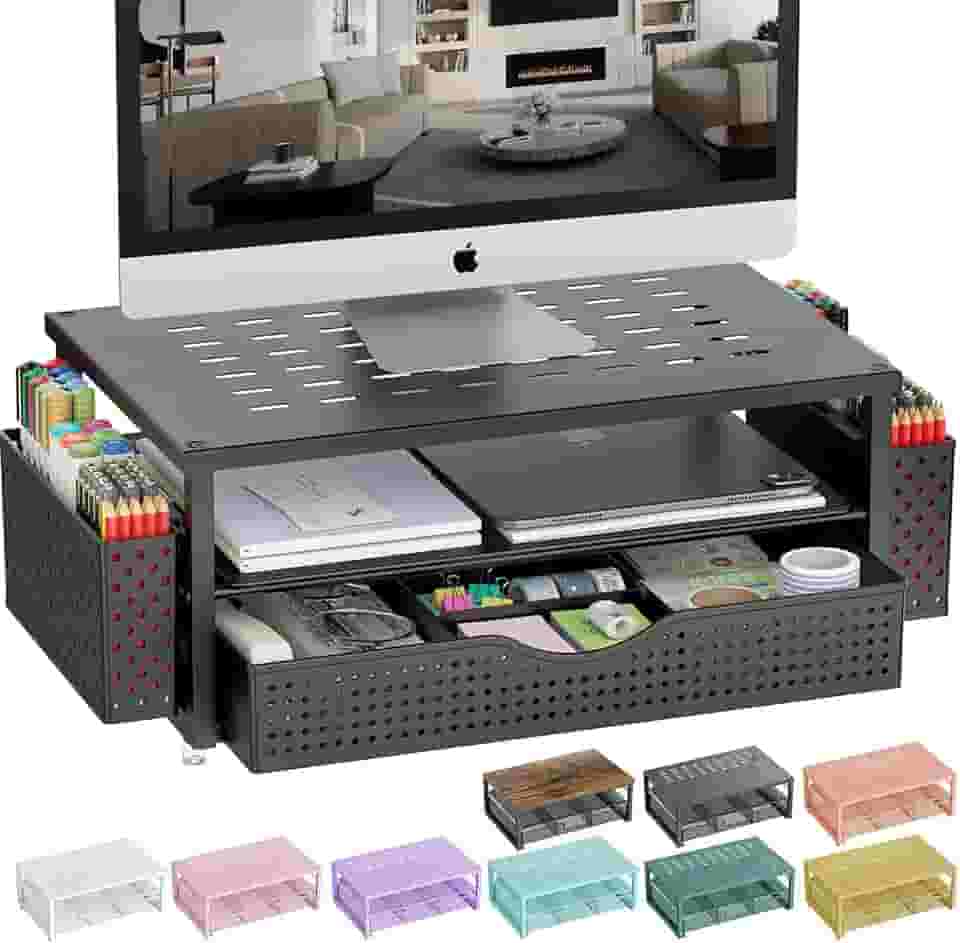 gianotter Suporte para monitor de computador de mesa com gaveta e 2 porta-canetas, acessórios de mesa e organizadores de mesa, organizador de mesa para material de escritório (preto)