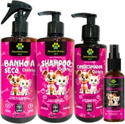 Kit Completo Banho Para Pet Chiclete - Shampoo + Condicionador + Banho a Seco + Perfume