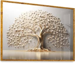 Quadro Árvore da Vida Branco Dourado Vidro 63x43cm Moldura Dourada Exclusiva Art Parede