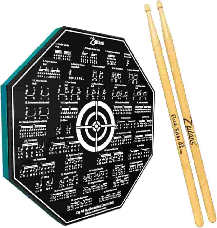 Kit Pad Estudo Bateria Praticável 8 Polegadas Ou 20cm Rudimentos Essenciais + Par de Baquetas Classic Series Zaidan's By Spanking (5A)