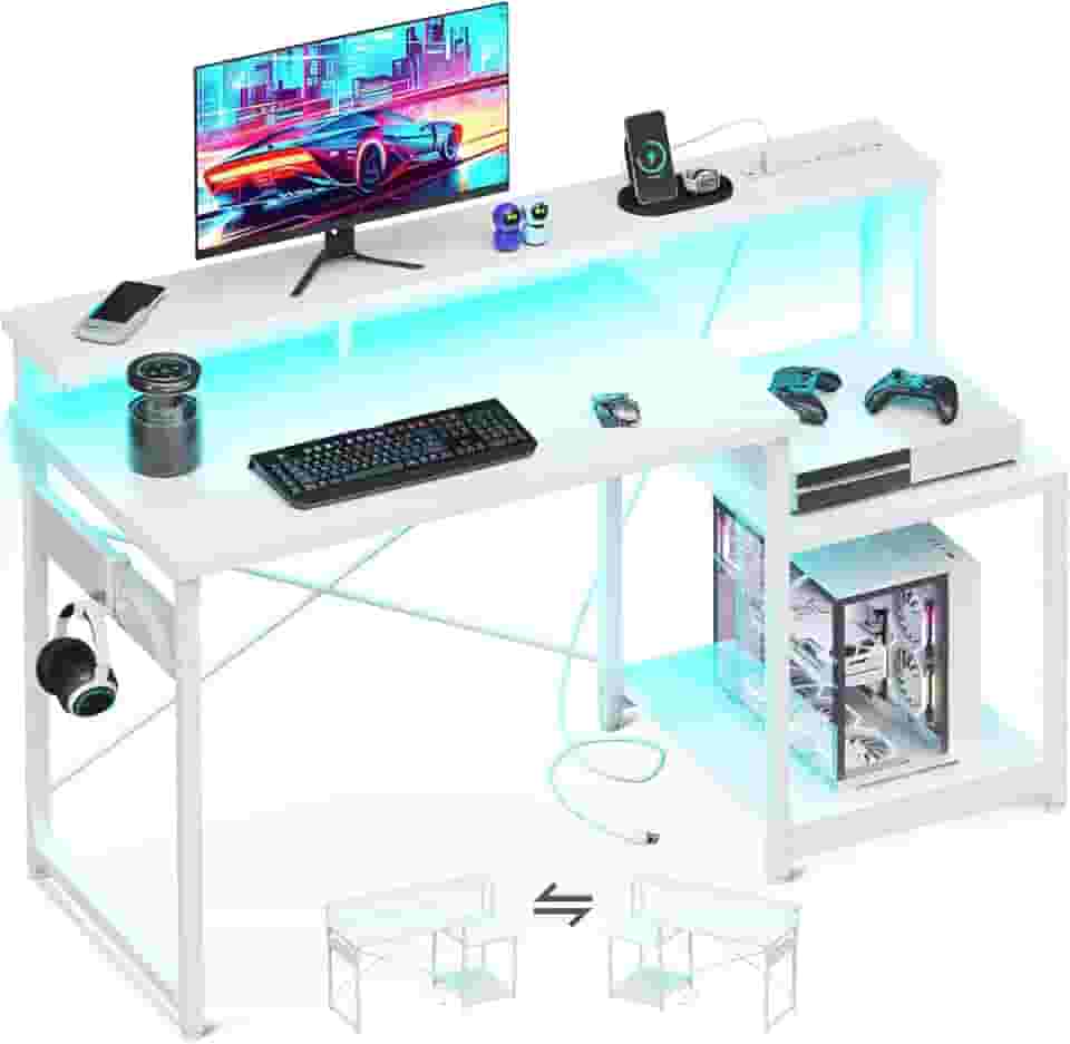 AODK Mesa de computador, mesa de jogos de 121 cm com luzes LED e tomada, mesa de escritório com prateleiras de armazenamento, mesa reversível com prateleira para monitor e gancho para fone de ouvido