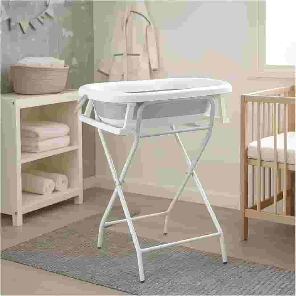 PIPDIP Kit Banheira Dobrável de Bebê, Infantil, Modelo 3 em 1, Com Encosto, Capacidade de até 44 Litros, Portátil, Suporte de Altura, Plástico e Borracha e Ferro, Branco e Cinza.